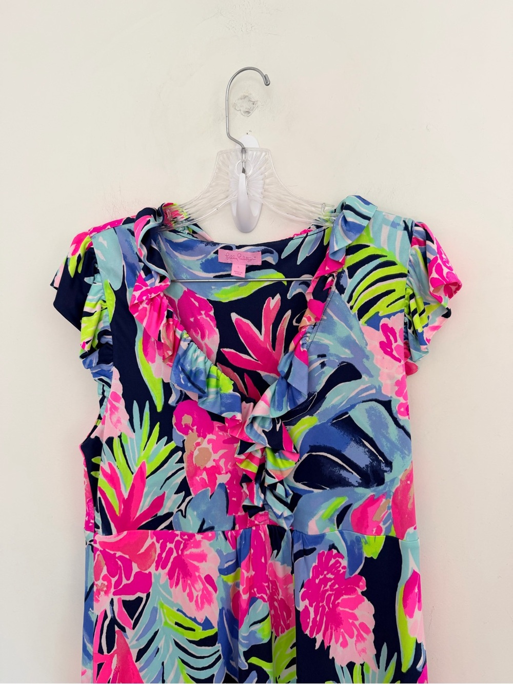LILLY PULITZER CLARE SILK JERSEY Dress Vibrant Floral Ruffle Neck Pink & Navy L - Picture 3 of 8